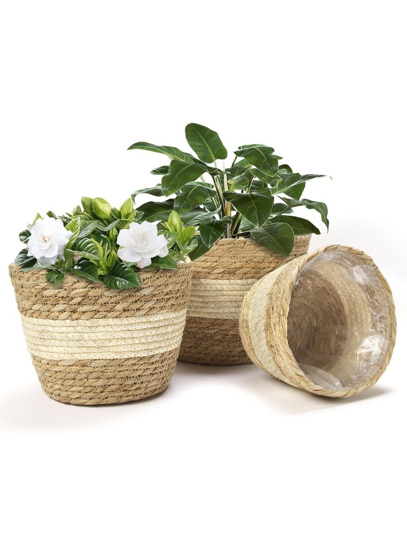 بيت إيزي سلة نباتات، 3 قطع من سلال النباتات الداخلية مع بطانة بلاستيكية، سلة زهور منسوجة من نبات الياسنت المائي وساق الذرة، سلة زراعة للمنزل الريفي، ديكور أصيص أرضي - Image 2